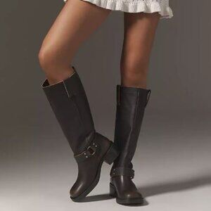 Pilcro Tall Leather Moto Boots Distressed Espresso Brown Size 37